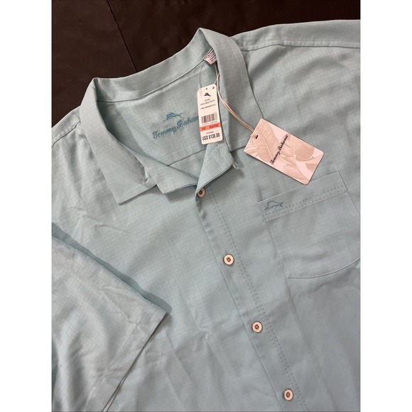 TOMMY BAHAMA SILK CAMP SHIRT -3XL- AQUA‎ BLUE EMBROIDERED MARLIN JACQUARD NEW